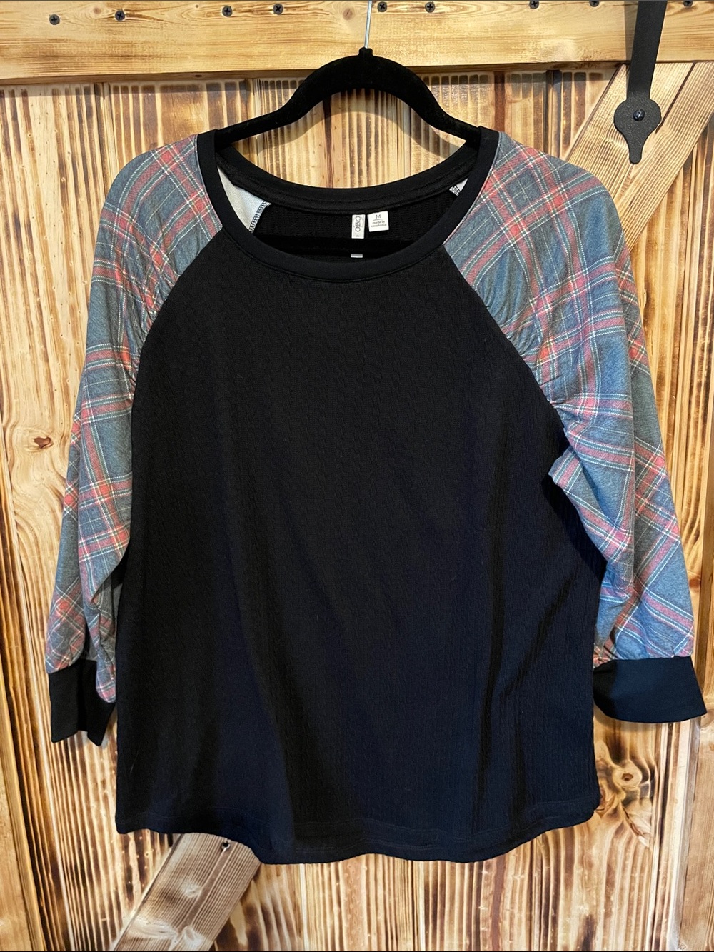 Cato Black Raglan Top with Plaid Sleeves